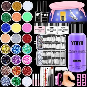 Professional Acrylic Nail Kit, with Pink Nail UV LED lamps, Acrylic Powders, Base Top Coat, Nail Tips, Rhinestones